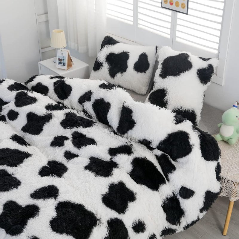 chovy مجموعة لحاف شوفى من الفرو الصناعي بتصميم بقعة البقرة الملونة - ناعمة للغاية من الفلانيل المخملي الفاخر 3 قطع (لحاف x 1، أغطية وسائد x 2) - Image 3