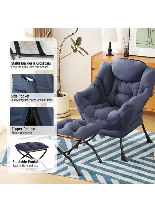 Furlide Lazy Chair with Ottoman, Modern Chair with Folding Footrest, Lounge Accent Chair, Comfortable Reading Chair (Navy Blue) - Image 4