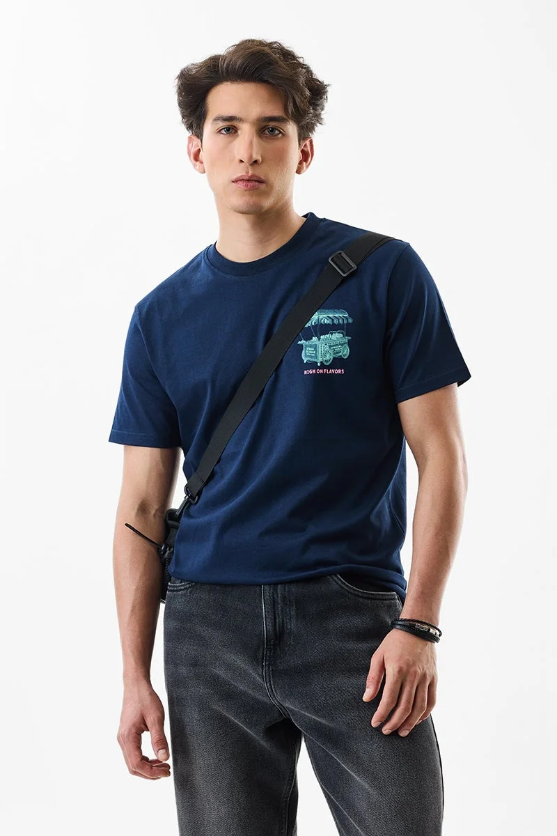 سنيتش Navy Blue Graphic Half Sleeve Slim Fit T-Shirt