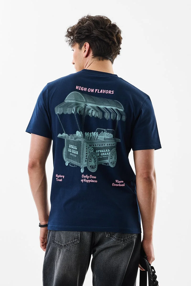 سنيتش Navy Blue Graphic Half Sleeve Slim Fit T-Shirt