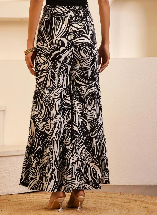 sanskrutihomes Sanskrutihomes Women Black Floral Printed Drawstring Waist Wide Leg Pants