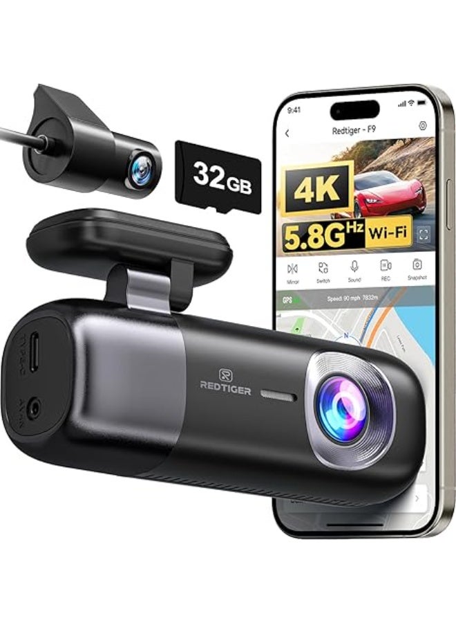 REDTIGER Car Camera 4K Front and Rear 1080P, WiFi 5.8G, GPS, 32GB Card, Double Dashcam for Car with Loop Recording, Night Vision, Parking Mode and App Control, Supports up to 256GB - Image 1