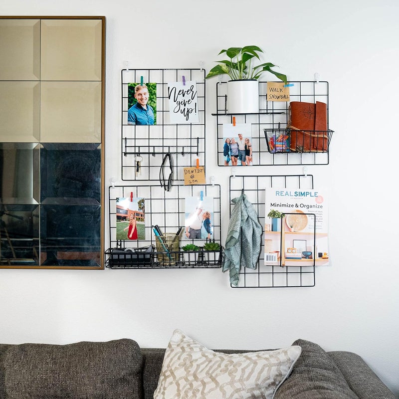 ODOXIA 4 Pack Wire Wall Grid Panel With Accessories | Includes Hanging Baskets, Letter Sorter, Shelf & Hook Rack | Grid Wall Panels | Photo Grid | Hanging Home, Office & Kitchen Décor - Image 5