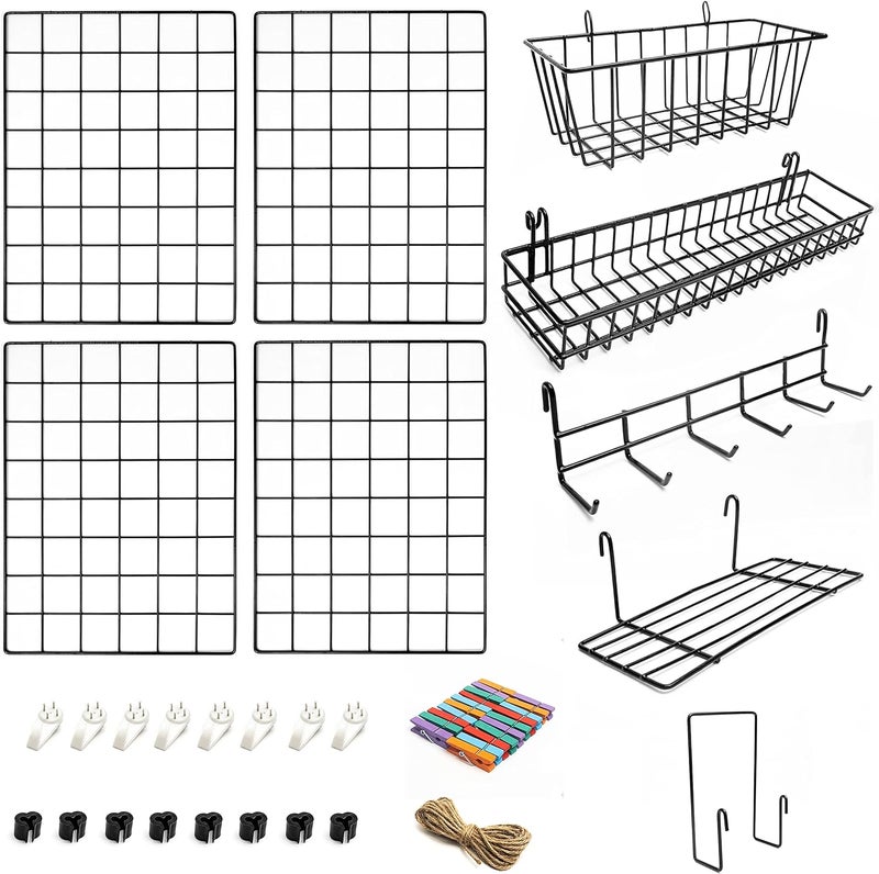 ODOXIA 4 Pack Wire Wall Grid Panel With Accessories | Includes Hanging Baskets, Letter Sorter, Shelf & Hook Rack | Grid Wall Panels | Photo Grid | Hanging Home, Office & Kitchen Décor - Image 1