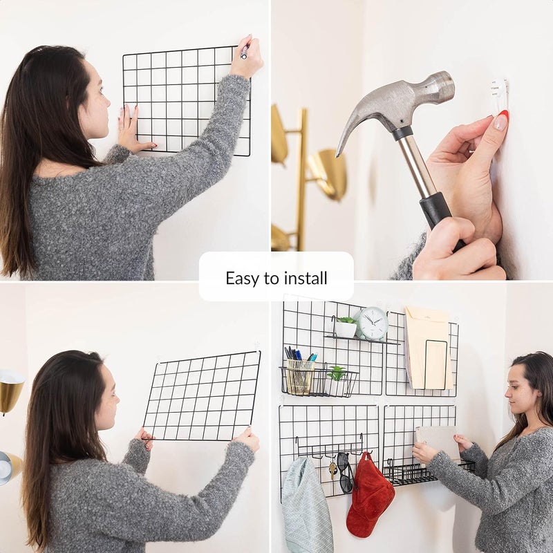 ODOXIA 4 Pack Wire Wall Grid Panel With Accessories | Includes Hanging Baskets, Letter Sorter, Shelf & Hook Rack | Grid Wall Panels | Photo Grid | Hanging Home, Office & Kitchen Décor - Image 4