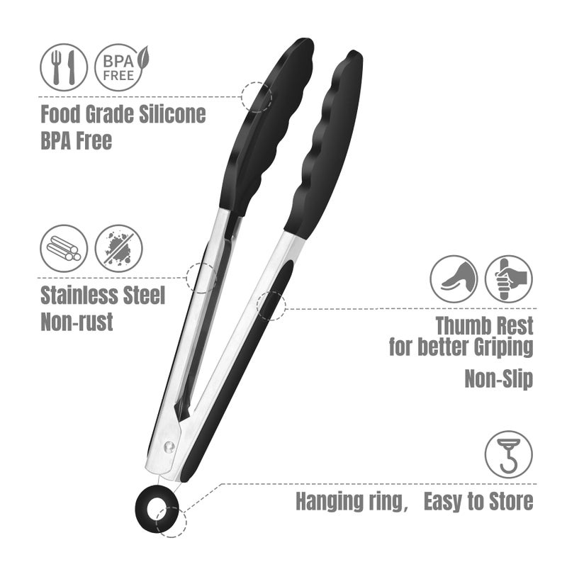 Hotec Mini Silicone Kitchen Tongs for Cooking - 7-Inch Small Serving Tongs with Silicone Tips, Set of 3 (Black) - Image 4