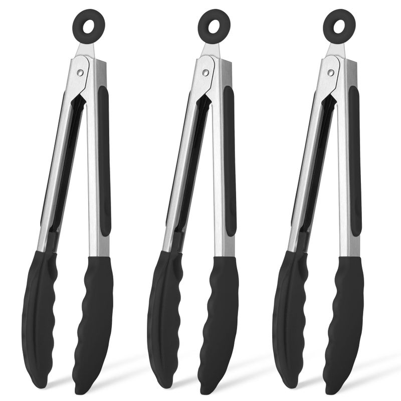 Hotec Mini Silicone Kitchen Tongs for Cooking - 7-Inch Small Serving Tongs with Silicone Tips, Set of 3 (Black) - Image 1
