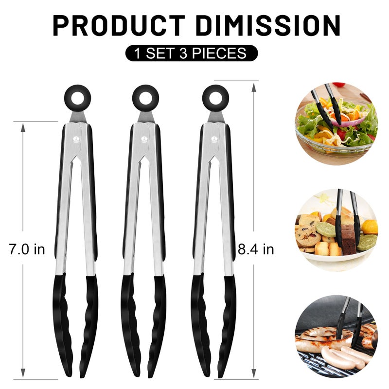 Hotec Mini Silicone Kitchen Tongs for Cooking - 7-Inch Small Serving Tongs with Silicone Tips, Set of 3 (Black) - Image 2