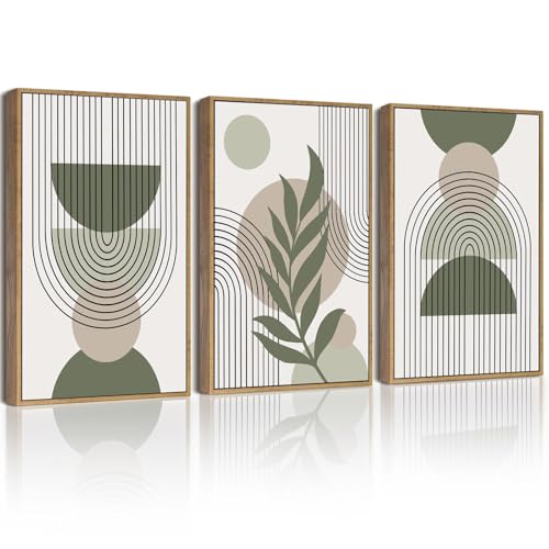 Drsoum 11x14in Boho Wall Art Green Sage Decor Framed Wood Modern Bohemian Abstract Geometry Canvas Prints Ready to Hang - Image 1