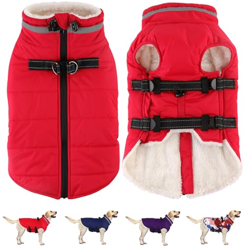 Dogcheer Dog Coat with Harness Waterproof Dog Jacket Adjustable Pet Winter Coat with Zipper Christmas Puppy Snow Jacket Fleece Sweater for Small Medium Large Dogs Red XS - Image 1