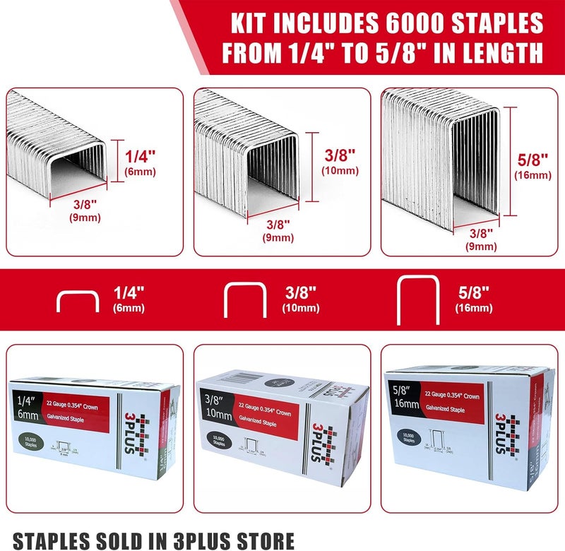 3Plus H7116LSP-KT دبابيس هوائية للتنجيد 22 قياس 3/8 بوصة مع أنف طويل، مجموعة دبابيس هوائية، مع 6000 دبوس، من 1/4 بوصة إلى 5/8 بوصة - Image 4