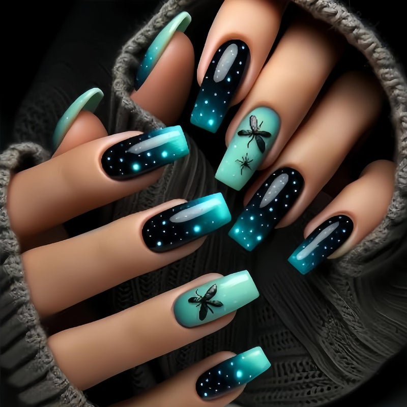 CJDLTS Dark Green Gradient Press on Nails Long Length Butterfly Pattern False Nails Glitter Artificial Acrylic Nails Full Cover French Stick on Nails Square Coffin Nails Glossy Glue on Nails for Women - Image 1