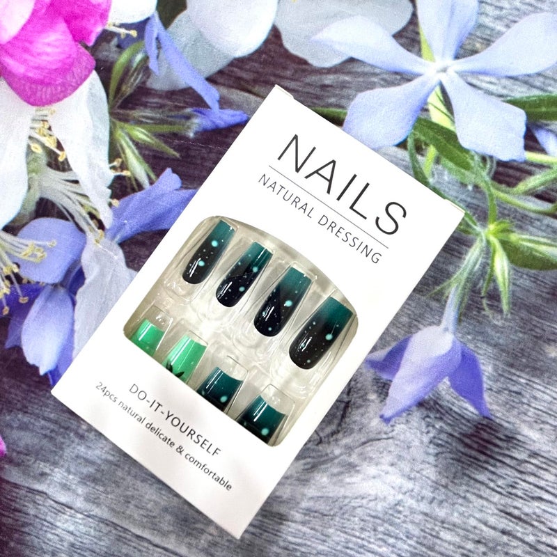 CJDLTS Dark Green Gradient Press on Nails Long Length Butterfly Pattern False Nails Glitter Artificial Acrylic Nails Full Cover French Stick on Nails Square Coffin Nails Glossy Glue on Nails for Women - Image 5