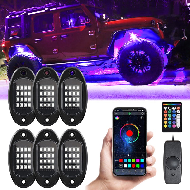 مصابيح صخرية LED 6 قطع بألوان متعددة ومقاومة للماء مع تحكم APP Bluetooth ومتحكم بـ 24 زر ودمج وظيفة الموسيقى لسيارات SUV و ATV و UTV - Image 1