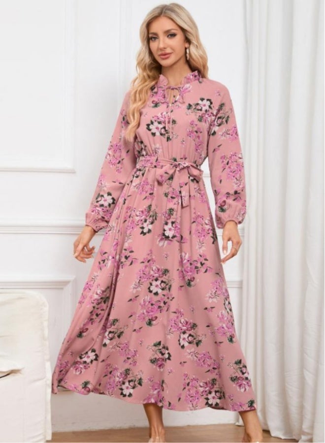 Beauenty Slim-fit temperament ladies lantern sleeve stand collar lace floral skirt mid-length dress  - Image 1