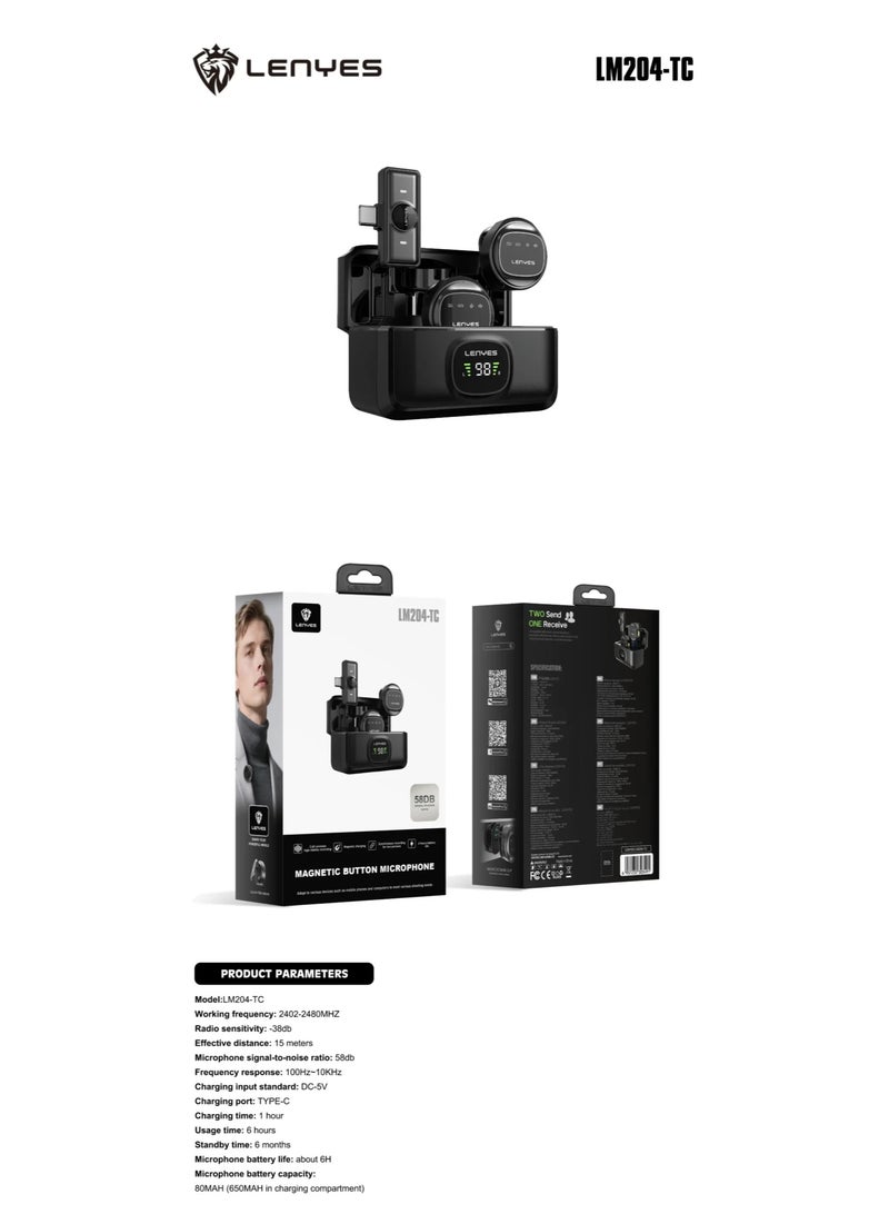 LENYES LM204-TC 58dB Magnetic Button USB-C Wireless Microphone, Black - Image 4