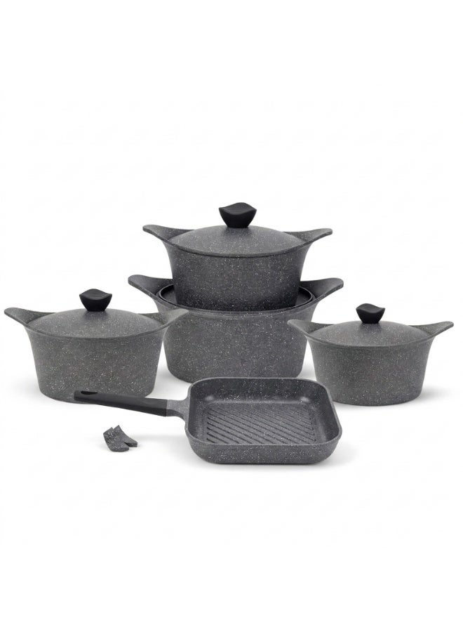 جلوري طقم حلل جرانيت غير لاصق بريميوم 11ق حلة( 18 + 20 + 24 + 28)+ جريل 28 + 2 ماسك لون رومادي - Image 1