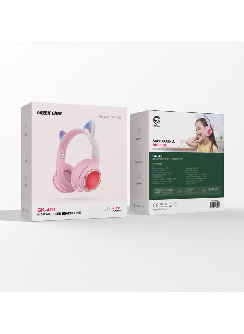 GREEN LION - Wireless Headphone for Kids with LED Lights / Volume Limiting for Hearing Protection/Safe For kids / High Quality/ Light Effect /Lightweight Ergonomic and Tough /Comfortable Headphones for Girls - Pink - Image 1