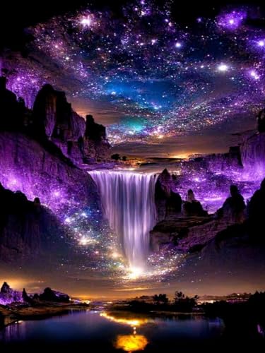 Mosaflare 5D Diamond Painting Kits for Adults, Waterfall Landscape Diamond Art for Beginners, DIY Purple Aurora Full Round Drill Paint by Diamonds Dot Gem Art for Adults, Home Wall Decor 12x16 Inch - Image 1