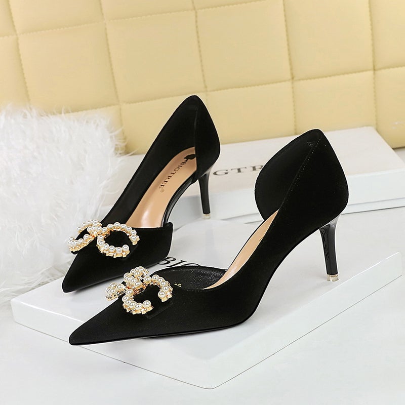 1363-K79 Banquet High Heels Shallow Mouth Pointed Toe Thickeneded Suede Side Cut Out Pearl Rhinestone Buckle Bow Shoes - Image 1