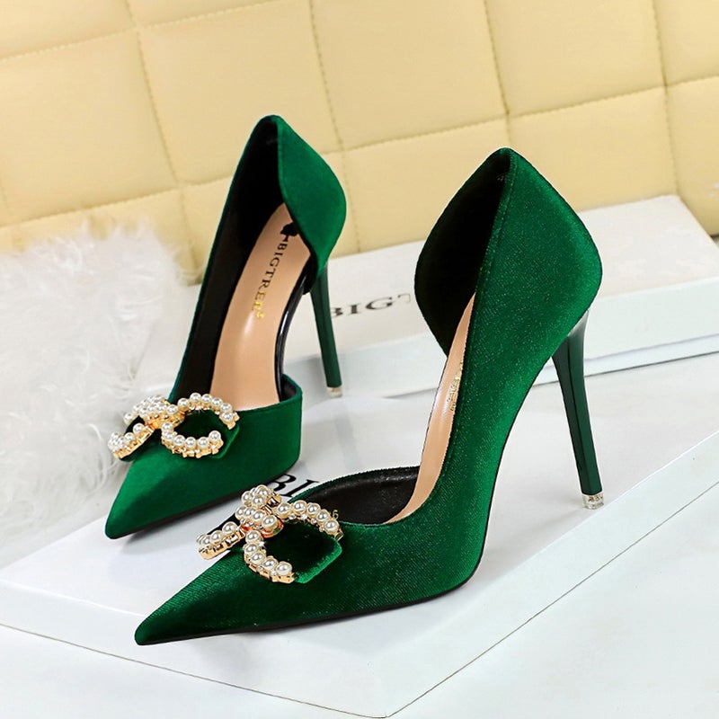 1363-K79 Banquet High Heels Shallow Mouth Pointed Toe Thickeneded Suede Side Cut Out Pearl Rhinestone Buckle Bow Shoes - Image 2