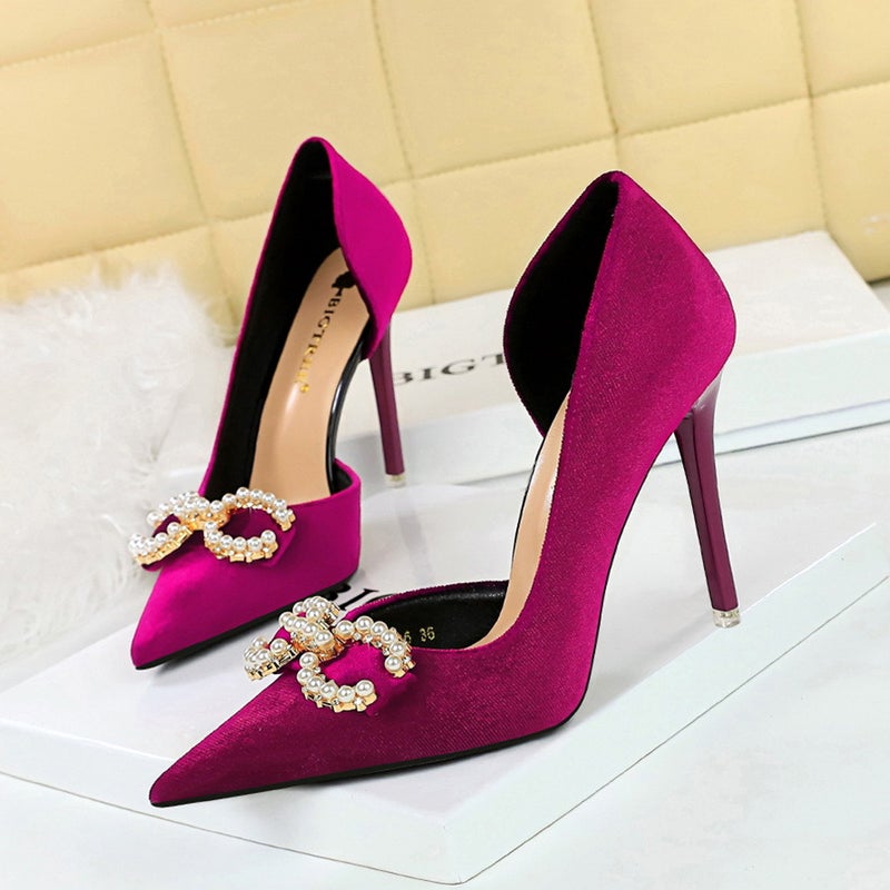 1363-K79 Banquet High Heels Shallow Mouth Pointed Toe Thickeneded Suede Side Cut Out Pearl Rhinestone Buckle Bow Shoes - Image 3
