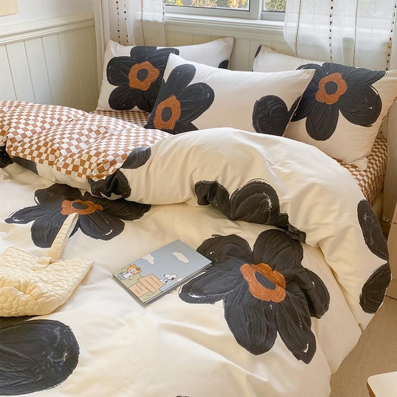 CLOTHKNOW Black Sunflower Comforter Set Full 3Pcs Floral Bedding Comforter Sets Pumpkin Grid Comforter Botanical Comforter Black and Beige Full Size Comforter Sets - Image 3
