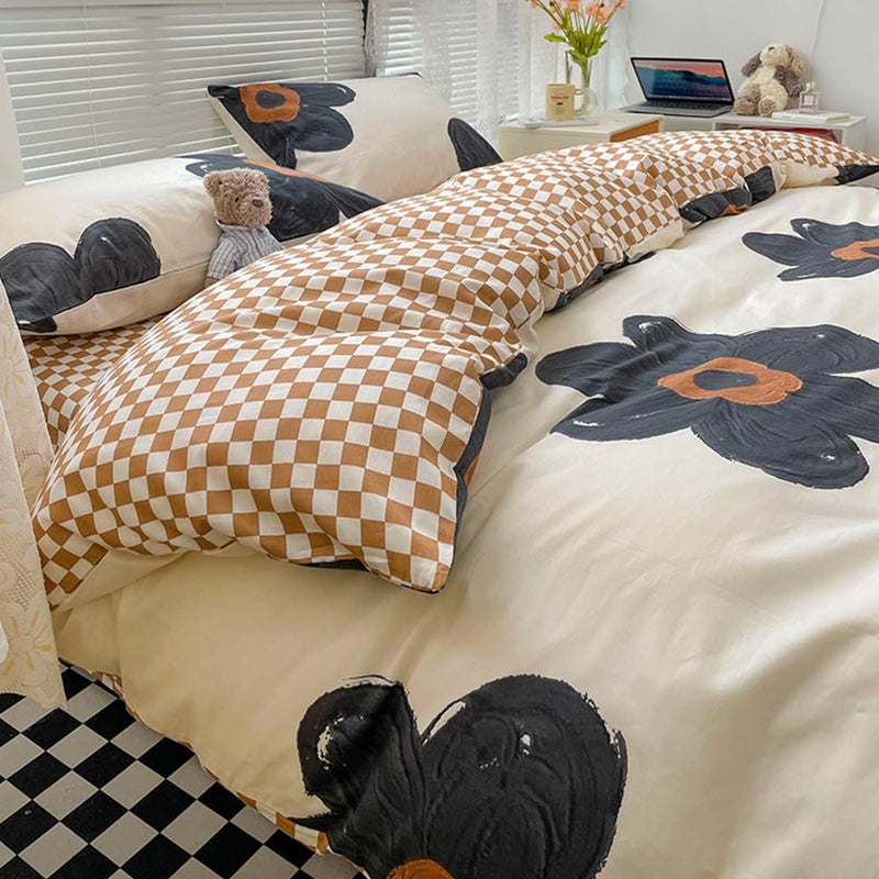 CLOTHKNOW Black Sunflower Comforter Set Full 3Pcs Floral Bedding Comforter Sets Pumpkin Grid Comforter Botanical Comforter Black and Beige Full Size Comforter Sets - Image 4