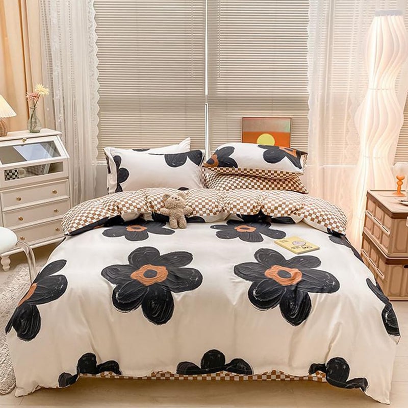 CLOTHKNOW Black Sunflower Comforter Set Full 3Pcs Floral Bedding Comforter Sets Pumpkin Grid Comforter Botanical Comforter Black and Beige Full Size Comforter Sets - Image 1