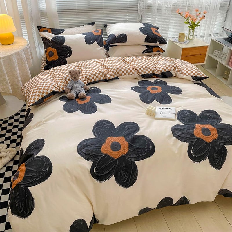 CLOTHKNOW Black Sunflower Comforter Set Full 3Pcs Floral Bedding Comforter Sets Pumpkin Grid Comforter Botanical Comforter Black and Beige Full Size Comforter Sets - Image 2
