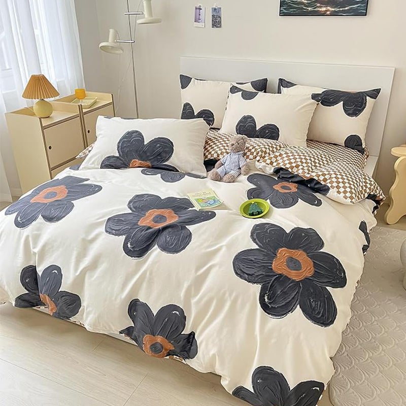 CLOTHKNOW Black Sunflower Comforter Set Full 3Pcs Floral Bedding Comforter Sets Pumpkin Grid Comforter Botanical Comforter Black and Beige Full Size Comforter Sets - Image 5