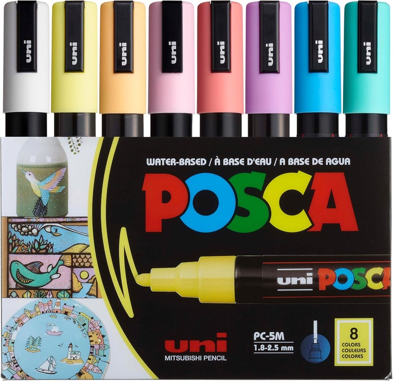 Posca acrylic paint marker set, 8 soft colors medium tip 1.8-2.5mm, multicolor - Image 1