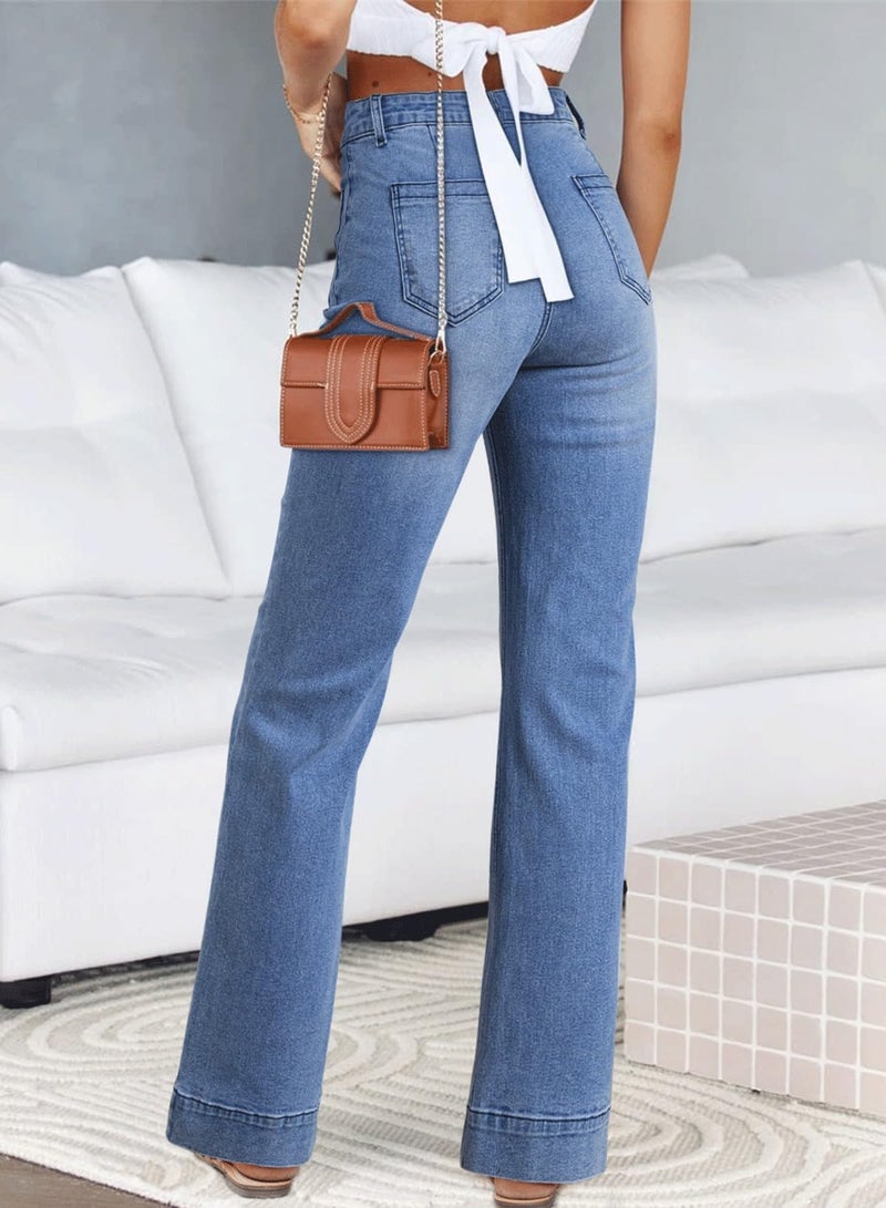 Astylish Women's Patch Pocket Jean Pants High Waist Button Bootcut Trousers Wide Leg Stretchy Vintage Denim Jeans with Front Pockets Size 14 Ashleigh Blue - Image 2