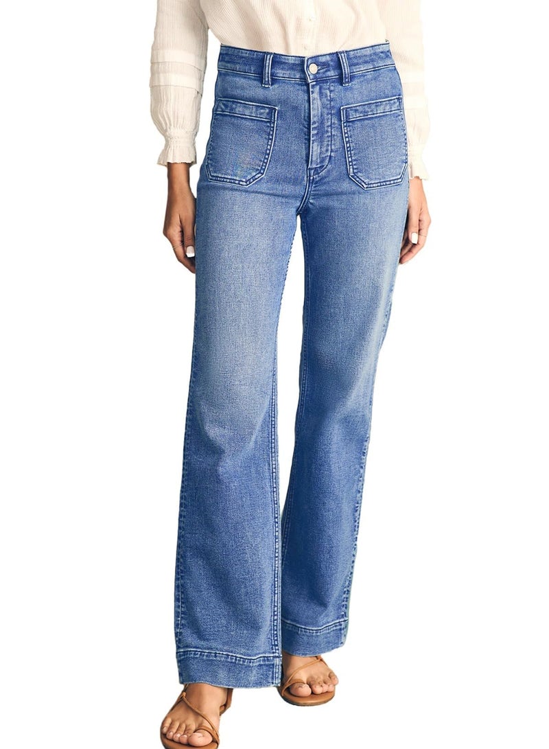 Astylish Women's Patch Pocket Jean Pants High Waist Button Bootcut Trousers Wide Leg Stretchy Vintage Denim Jeans with Front Pockets Size 14 Ashleigh Blue - Image 1