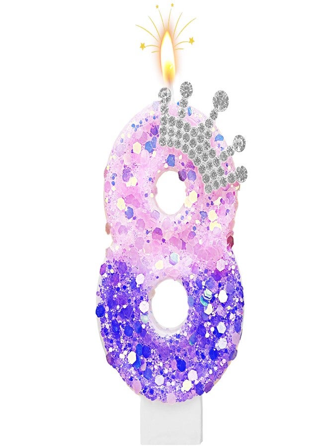 Vidroxin Birthday Number Candle for Cake, Pink Crown Princess Party Supplies, Soccer Theme Candles with Sequins for Girl and Boy(0-9) (Purple,Crown, Number 8) - Image 1