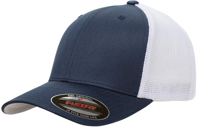 Flexfit Men's Mesh Fitted Trucker Hat, Navy/White, One Size - Image 1