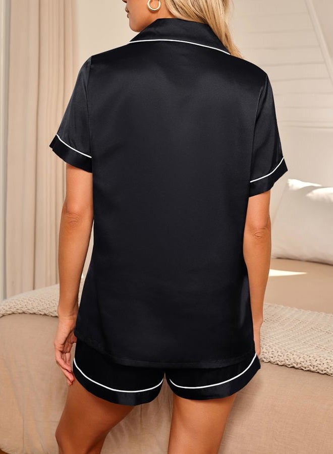 LILLUSORY Silk Satin Pajama Set for Women 2 Piece Lounge Pjs Shorts Button Down Shirt Sleepwear Matching Soft Loungewear, Black, XL - Image 4