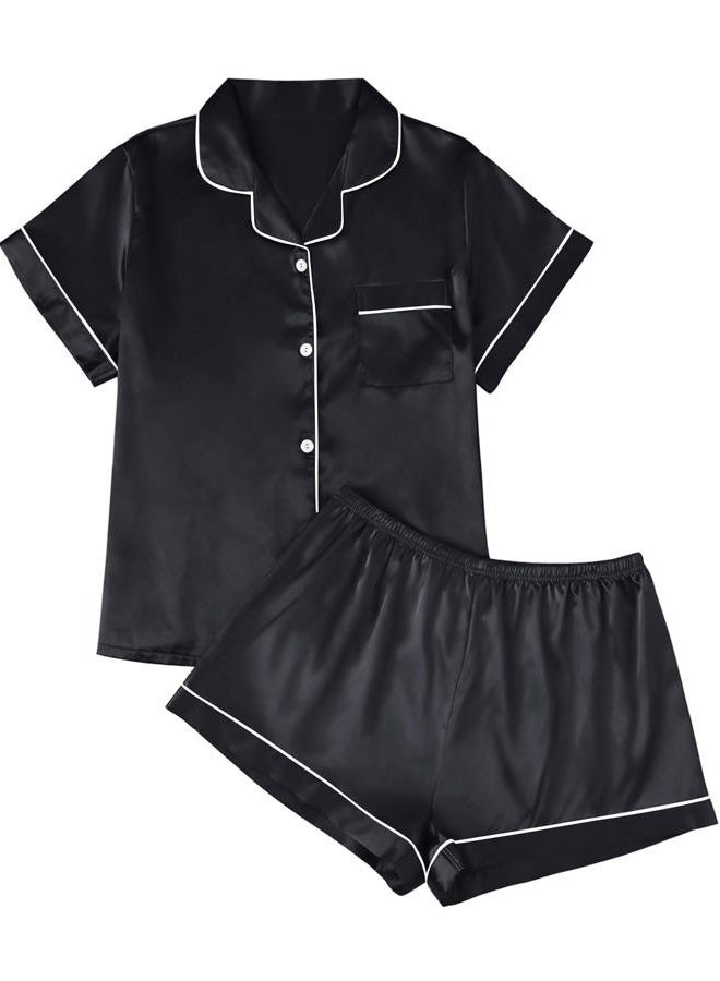 LILLUSORY Silk Satin Pajama Set for Women 2 Piece Lounge Pjs Shorts Button Down Shirt Sleepwear Matching Soft Loungewear, Black, XL - Image 1