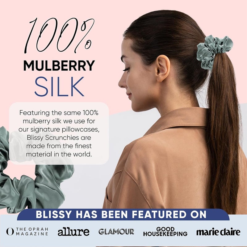 BLISSY Silk Scrunchies (3 Pack) - 100% Pure Mulberry Silk - 22 Momme 6A High-Grade Fibers - Silk Scrunchie for Straight & Curly Hair - Preventing Breakage, Tangling, & Creasing (Matcha Regular) - Image 5