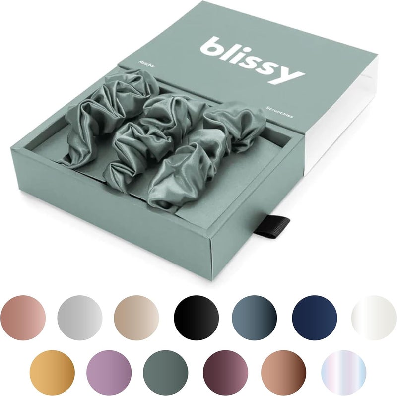 BLISSY Silk Scrunchies (3 Pack) - 100% Pure Mulberry Silk - 22 Momme 6A High-Grade Fibers - Silk Scrunchie for Straight & Curly Hair - Preventing Breakage, Tangling, & Creasing (Matcha Regular) - Image 1