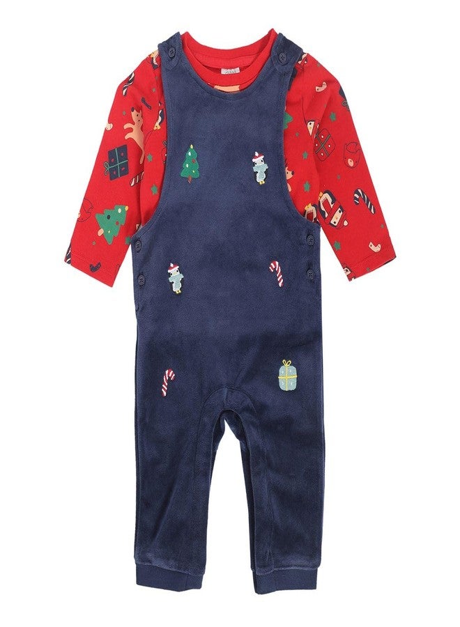 miniklub Baby Round Neck Long Sleeve Full Length Knitted Cotton Navy + Red Color Dungaree Set, Pack Of 2 (6-9M) - Image 1