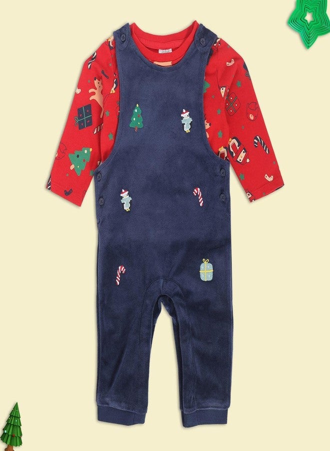 miniklub Baby Round Neck Long Sleeve Full Length Knitted Cotton Navy + Red Color Dungaree Set, Pack Of 2 (6-9M) - Image 2