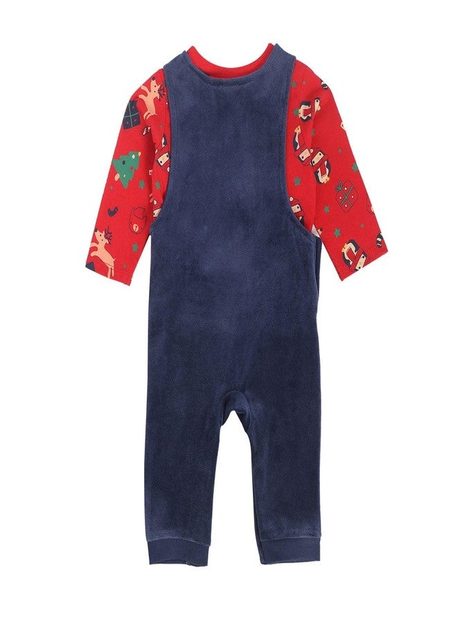 miniklub Baby Round Neck Long Sleeve Full Length Knitted Cotton Navy + Red Color Dungaree Set, Pack Of 2 (6-9M) - Image 3