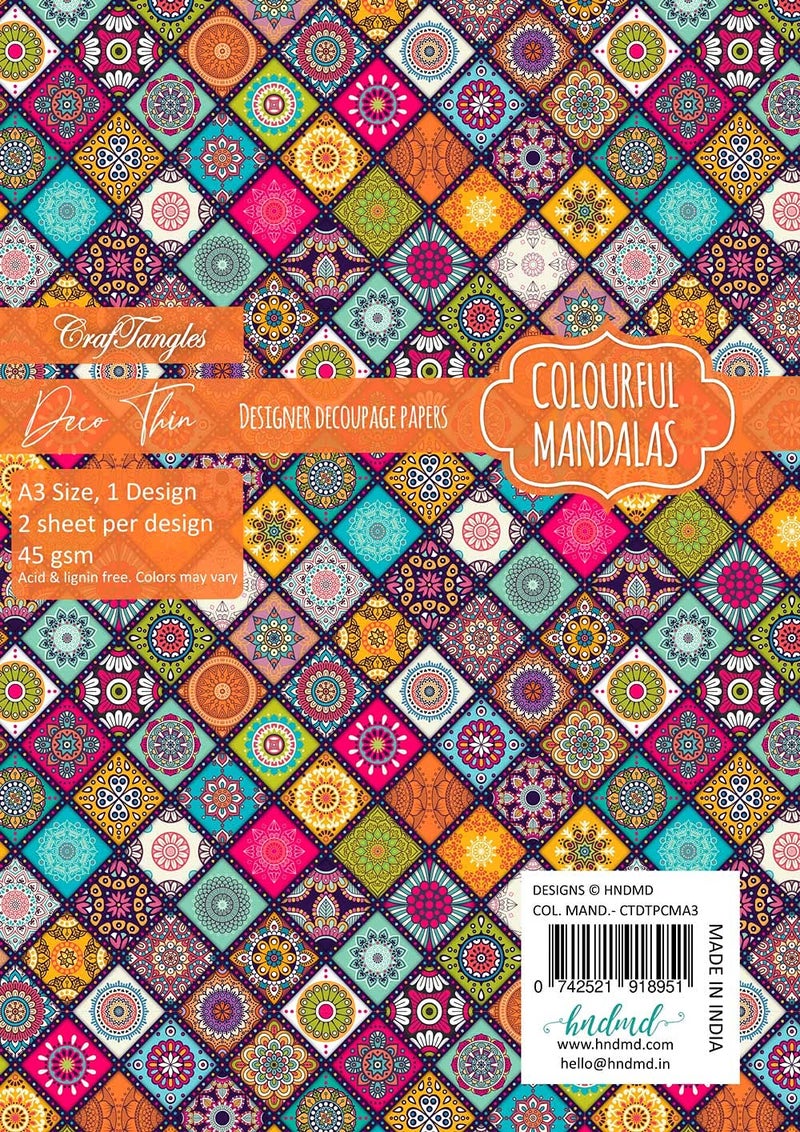 CrafTangles Deco Thin Decoupage Paper A3 (45 gsm) - Colourful Mandalas - 2 sheets - Image 1