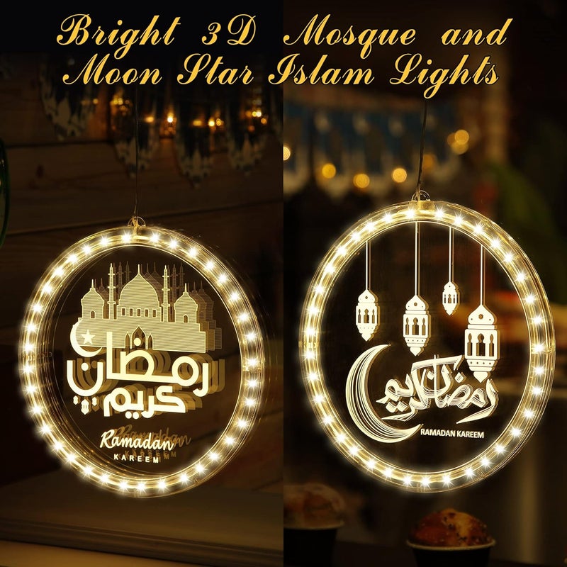 كلاراكو ديكورات إضاءة رمضان ثلاثية الأبعاد، أضواء رمضان كريم وأضواء رمضان العيد، ديكورات أضواء النوافذ الإسلامية، نمط القمر والنجمة الإسلامي للمسلمين للاستخدام الخارجي والداخلي وديكور غرفة النوم والحفلات المنزلية - Image 3