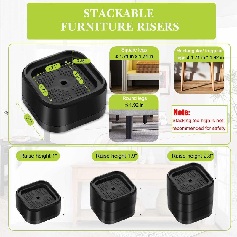 Yookwutar 8 Pack Furniture Risers 1 or 2 Inch, Adjustable Bed Risers Heavy Duty For Table Desk Couch Chair Sofa Cabinet Bed Legs Dorm, Square Stackable Bed Raisers Blocks Lift Height 1", 2" or 3", Black - Image 2