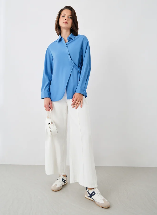 Take Two Take Two Solid Buttoned Wrap Top with Tie-Up Detail
