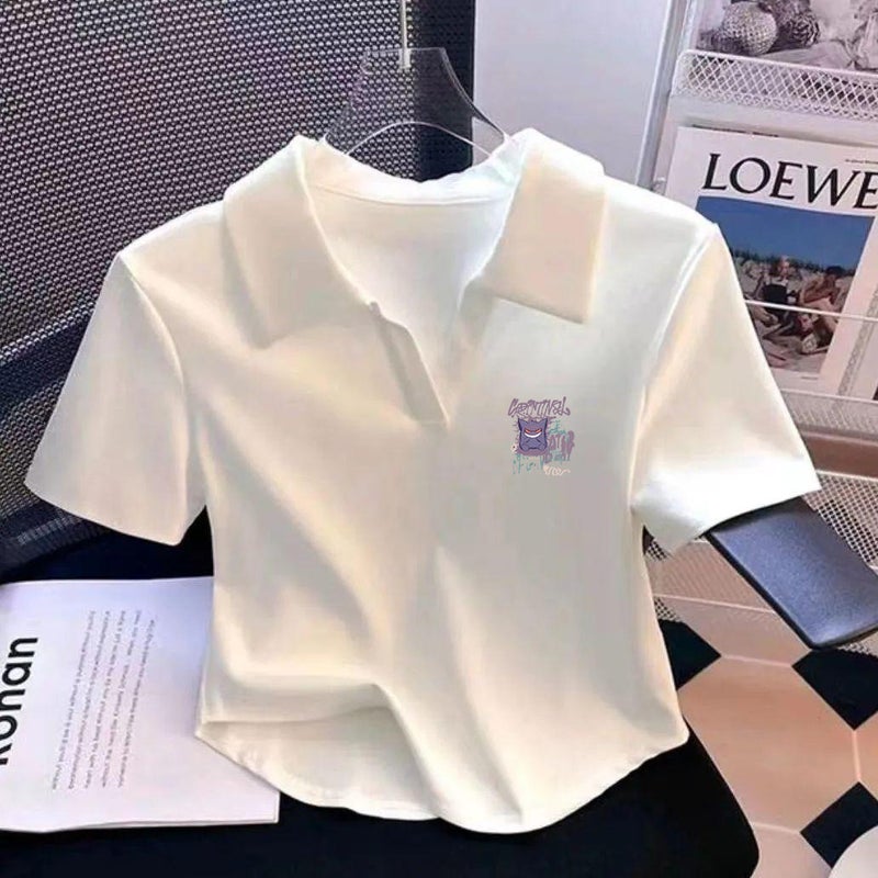 European Cotton Polo Shirt White Lapel Short-Sleeved T-Shirt Women'S Slim-Fit Slimming Short Curved Top - Image 4