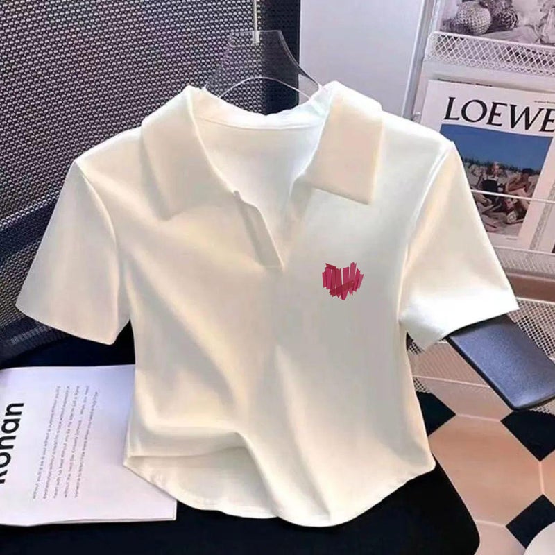 European Cotton Polo Shirt White Lapel Short-Sleeved T-Shirt Women'S Slim-Fit Slimming Short Curved Top - Image 3