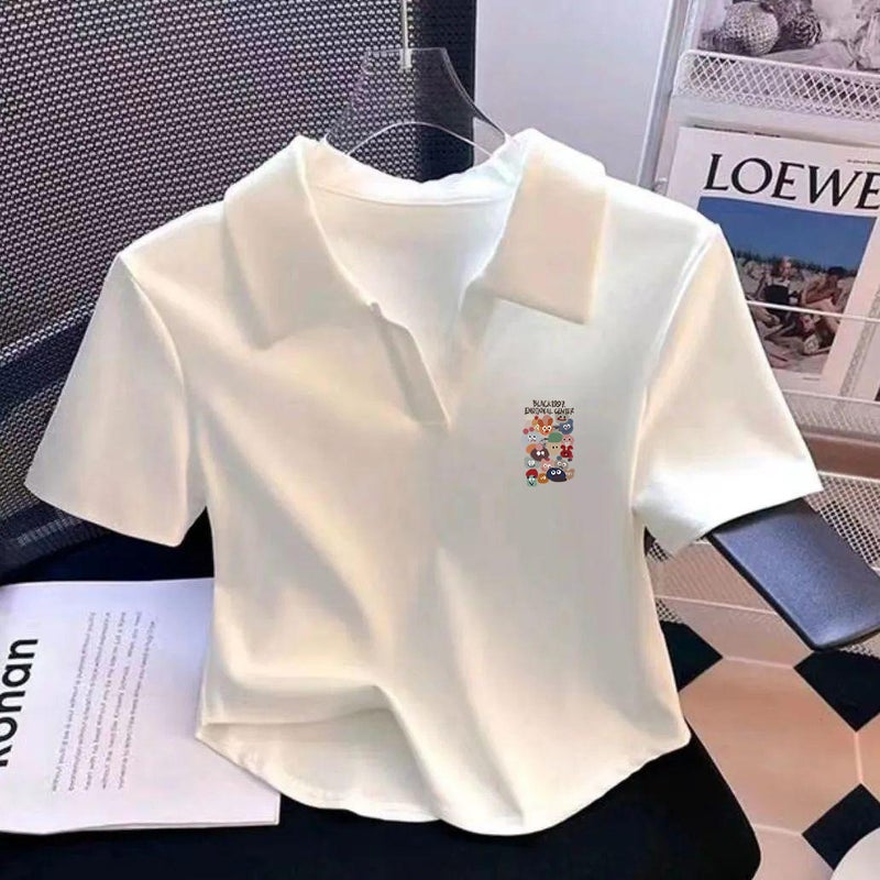 European Cotton Polo Shirt White Lapel Short-Sleeved T-Shirt Women'S Slim-Fit Slimming Short Curved Top - Image 5